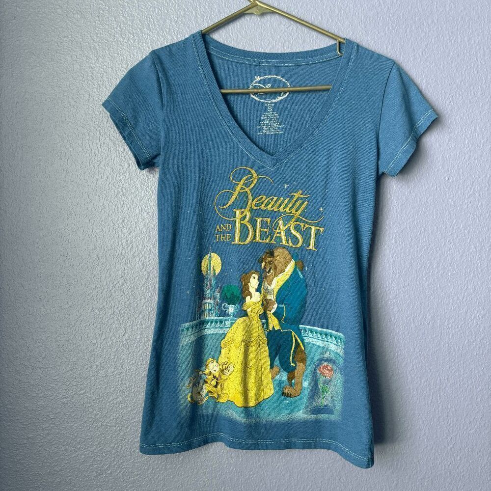 Disney Beauty & the Beast V Neck T-shirt Short Sleeve Graphic Tee Small WDW Park